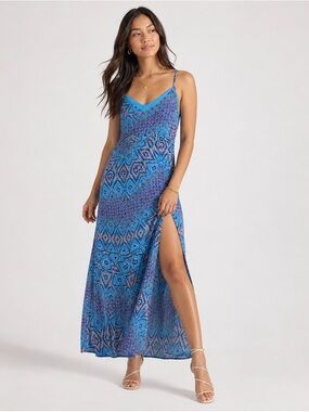 Charlie Jade Blue Geometric Abstract Maxi Dress Slit Sz S